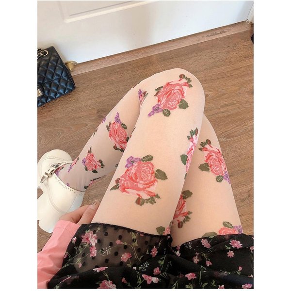 Medias Para Mujer Bordado Hecho A Mano Flor Rosa Estilo Sexy Malla De Pescado Medias Elegantes Para Mayores Calcetines Florales One Size-image