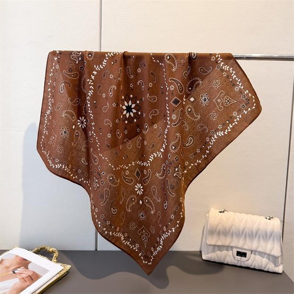 Luksusowy Kwadratowy Szalik Z Wzorem Paisley Dla Kobiet BawełNiany Z Lnem Opaska Na WłOsy Zawiaska Krawat Opaska Na GłOwę Dla Kobiet Szalik Bandana 68X68CM Brown-image