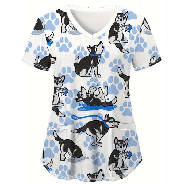 Uniforme MéDico Para Mujer Lindo Estampado De Gato Y Perro Cuello En V Uniforme ClíNico Manga Corta Bolsillo De Parche Tops Uniformes QuirúRgicos Mujer S-image