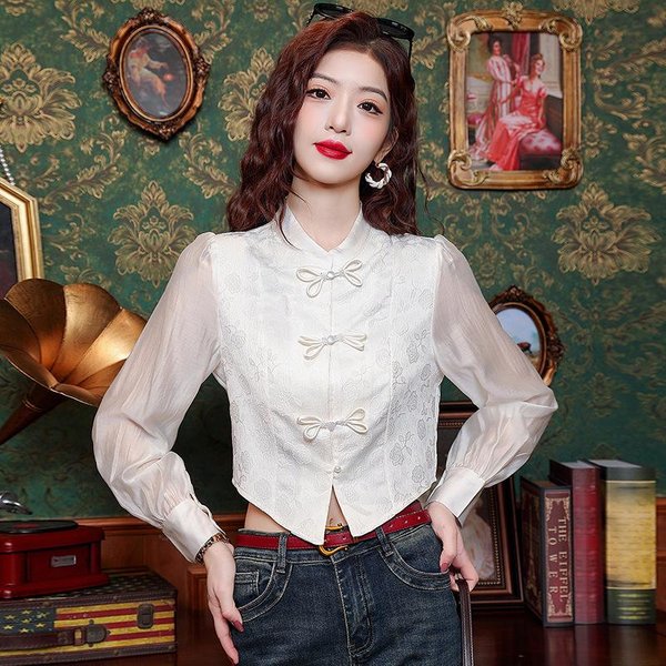 Camisa PequeñA Elegante De Jacquard Para Mujer, Primavera Y Verano, Estilo Tang Chino, Top Corto. XL White-image