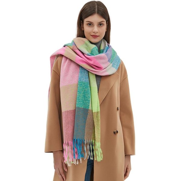 Moda CáLido Punto Cachemira Invierno Mujer Bufanda Estampado De Cuadros Chal Envolventes Femenino Grueso Pashmina Manta Bufanda Viaje Echarpe Beige-image