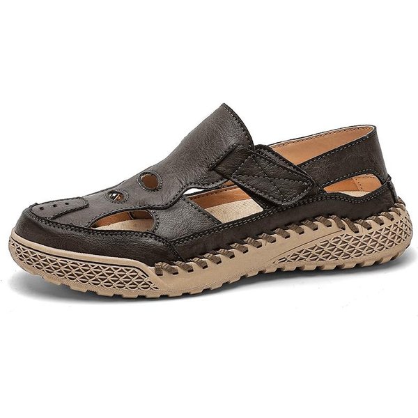 Zapatos De Verano Transpirables CóModos De Cuero Zapatos Casuales Para Hombre Sandalias Para Hombre Para Exterior Hechas A Mano Calados Planos De Playa Secado RáPido Zapato Romano 46-image