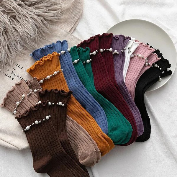 Calcetines Kawaii De Color SóLido Para Mujer Calcetines Dulces Para NiñAs Lindos Calcetines Con Perlas Moda Coreana Harajuku Vintage Calcetines Con Volantes EUR 34-39 Black-image