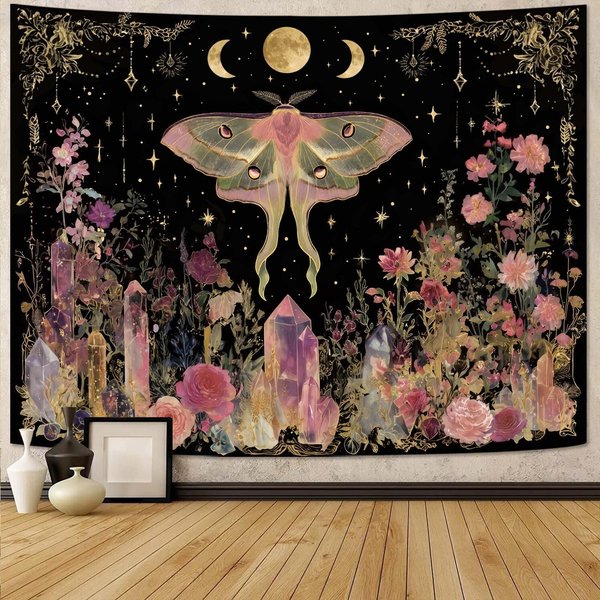 Vintage NiebiańSki SłOńCe I KsiężYc Gobelin, Ciemny Kwiatowy GwieźDzisty Dekoracja ŚCienna Do Sypialni, Salonu I Domu Studenckiego, Mistyczna Estetyka Boho 70X100Cm-image