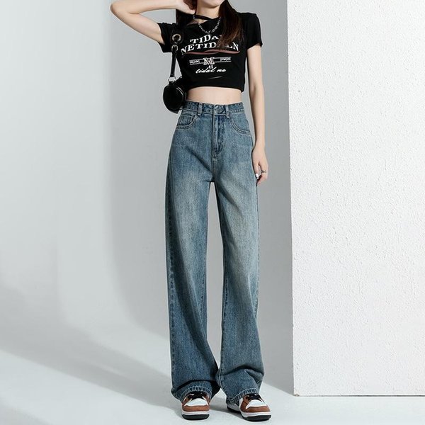 Jeans PequeñOs CaíDos Para Mujer En Primavera Y OtoñO Coreanos Nuevos De Cintura Alta Sueltos Rectos Hasta El Suelo Pantalones De Pierna Ancha XXL Gray-image