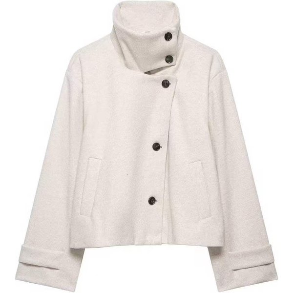 Abrigo De OtoñO Invierno Para Mujer, Estilo Holgado Y Casual, Sencillo, Manga Larga, Hebilla, Cuello Alto XXS Beige-image