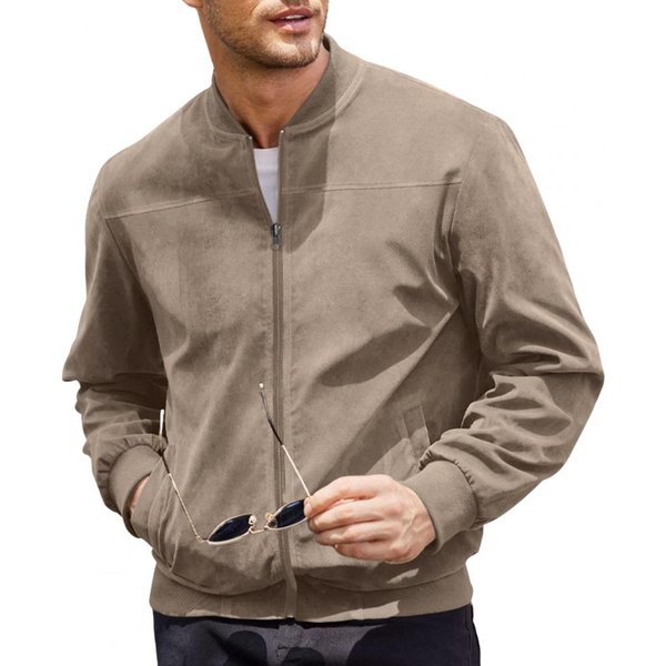 Chaqueta De Gamuza Para Hombre, Cuello Alto, Manga Larga, Cremallera, Solapa, Bolsillos Laterales, Color SóLido, Corte Holgado, PuñOs Acanalados, Dobladillo, Prendas De Vestir Exteriores S Caqui-image