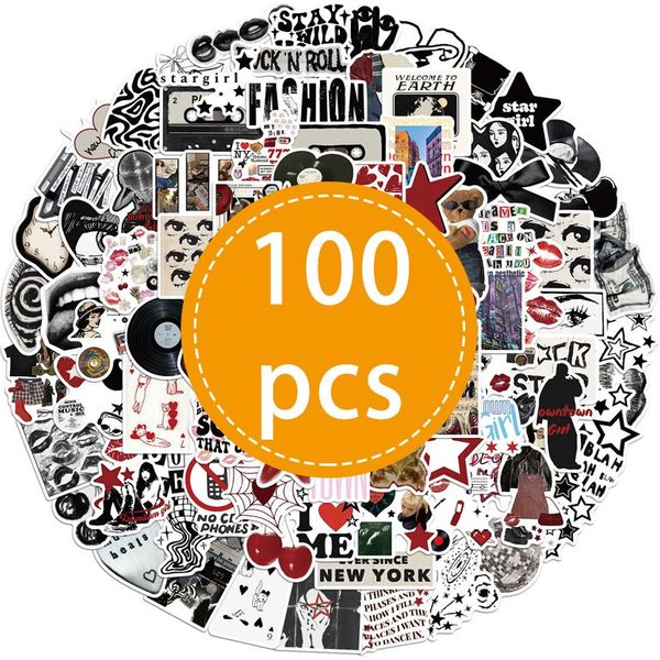 Opakowanie 100 Sztuk Czarno-BiałYch Estetycznych Naklejek Muzyka Fajne Modne Y2K Wodoodporne Winylowe Naklejki Na Butelki Z Wodą Laptop SamochóD Bagaż Orange-image