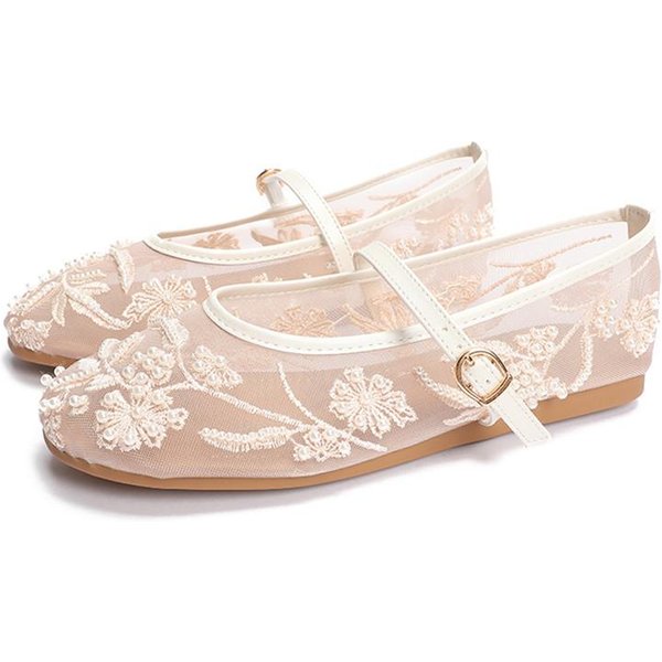 Siatkowe Baleriny Z Haftem Damskie Buty Modne BiałE PerłOwe Buty Mary Jane Damskie Lekkie Letnie Baleriny PłAskie Buty Dla Kobiet 36 White-image