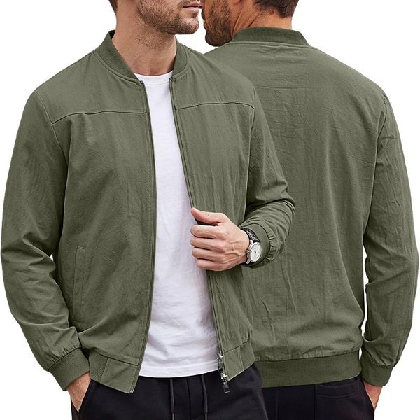 Chaqueta Bomber Ligera Para Hombre Con Cremallera Casual Color SóLido Manga Larga Chaqueta De Vuelo Primavera OtoñO Streetwear Ropa De Abrigo Masculina 2026 XL Verde Del EjéRcito-image
