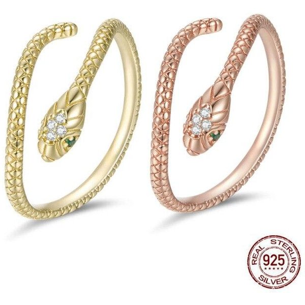 2 Piezas Anillo De Plata De Ley 925 Ajustable Texturas Retro Anillos De Serpiente Espiritual Platino Chapado En Oro ZircóN JoyeríA De Moda Bucle Regalo Resizable Beige-image