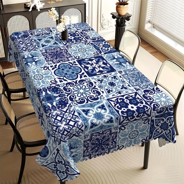 Mantel Rectangular Patchwork De Azulejos Azules Para Mesa DecoracióN Estilo Bohemio Elegante Mantel Para Mesa De Cocina Comedor DecoracióN Fiesta Festiva 90X140Cm Gray-image