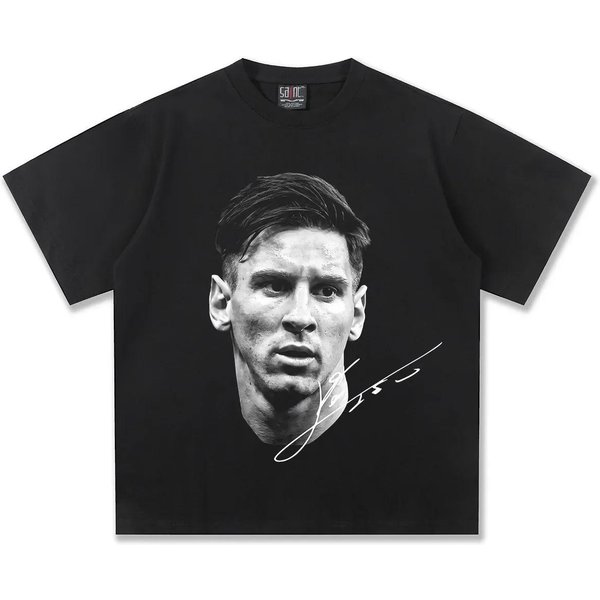 Camiseta De Retrato Blanco Y Negro Con Firma De Lionel Messi, Unisex Para Aficionados Al FúTbol Vintage AlgodóN Oversize Streetwear Camiseta 4XL Gray-image