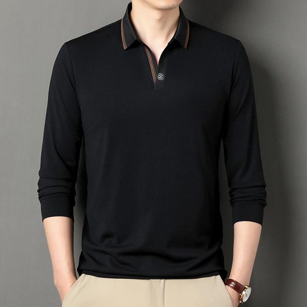 Polo De Hombre Primavera Y OtoñO Camiseta De Manga Larga Hombre Cuello En V Simple Negocios Juventud Suelto Talla Grande Ropa De Papá Xxxxl Black-image