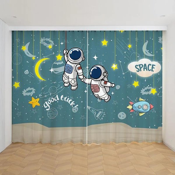 2 Paneles Cortinas Espaciales De Dibujos Animados Lindas Cortinas Estampadas Con Astronauta, Cohete, Luna, Planeta Para Dormitorio Infantil Persianas W60Xh100(Cm)X2Pcs&Rod Pocket-image