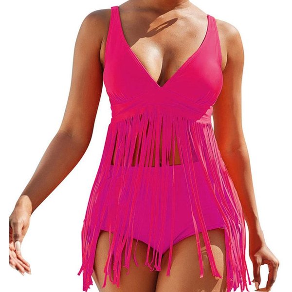Letnia PlażA GłęBoki V Kostium KąPielowy Dla Kobiet Sukienka Z FręDzlami StróJ KąPielowy Dla Kobiet Plus Size Zestaw Bikini Z Wysokim Stanem Seksowny Kostium KąPielowy Push Up XXL RóżOwy-image