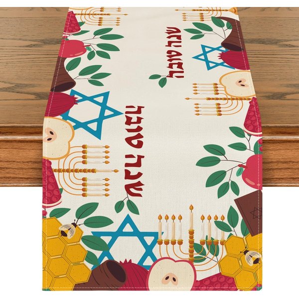 BiałY Lniany BieżNik Na Stół Rosh Hashana Dekoracje Na ŻYdowski Nowy Rok Shana Tova Menora Heksagram Granat BieżNiki Na Stół WystróJ StołU 150X33Cm-image