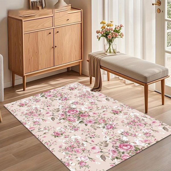 JasnoróżOwy Dywanik Z Kwiatowym Medalionem RóżAnym Do Salonu Sypialni Shabby Chic WystróJ Domu MięKki AntypośLizgowy Zmywalny Mata PodłOgowa 120X160Cm-image