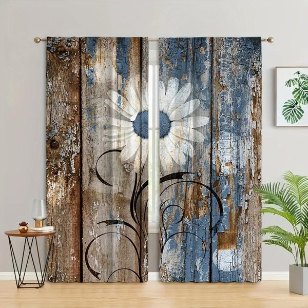 2 Piezas Cortina De Ventana Estampada De Puerta De Madera Vintage Gris Azul - Semicortina Opaca Con Bolsillo Para Barra Para Sala De Estar, Dormitorio, DecoracióN Del Hogar W65X60H(Cm)X2Pcs&Grommet Top-image