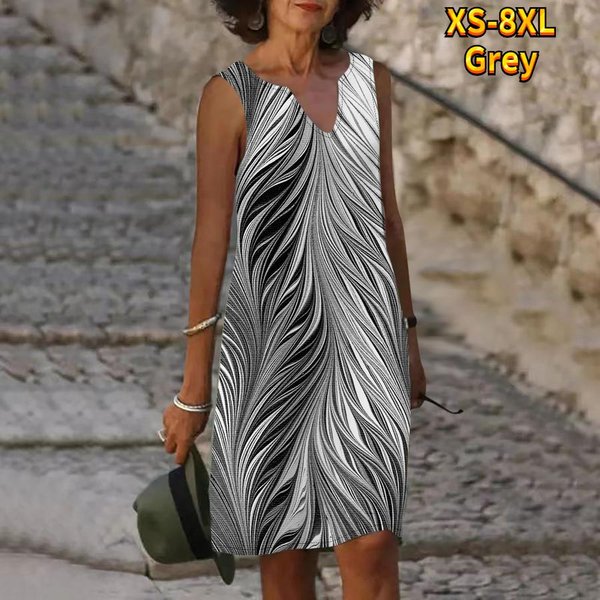 Vestido Estampado De Hierba De Verano Con Cuello En V Para Mujer, Vestido Informal Sin Mangas, Vestidos Sexys Holgados De Talla Grande XS-8XL 7XL Gris-image