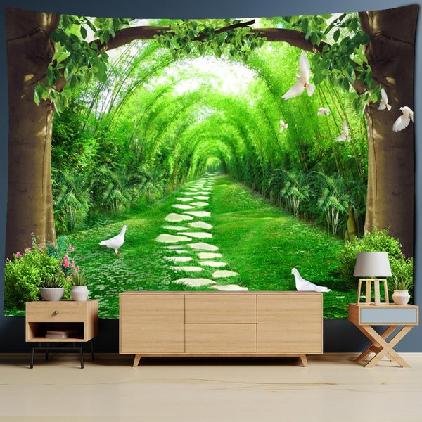 Tapiz Mural Chino Con Bosque De Bambú Y Paloma Voladora, Tapiz PsicodéLico Hippie Para Colgar En La Pared, Fondo De Tv, DecoracióN Del Hogar 95X70Cm Green-image