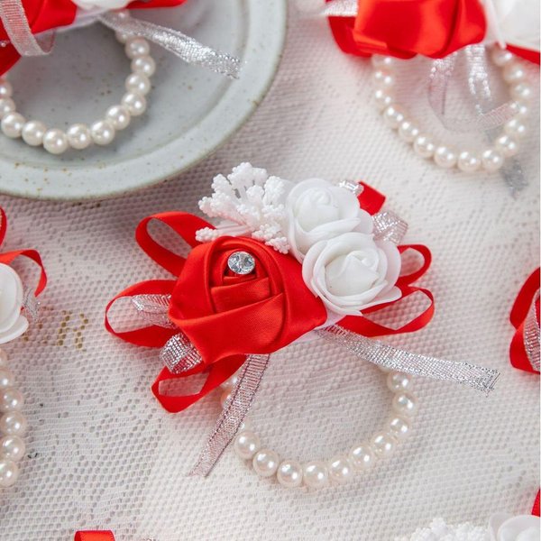 Lovegrace Pulseras Corsage De MuñEca Rosa Flores Artificiales En La MuñEca Pulsera Para Damas De Honor Matrimonio Flor De Mano Nupcial Boda Rojo-image