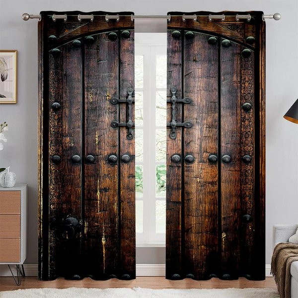 Drewniane Drzwi 2-Panelowe Drukowane Panele ZasłOnowe Do Sypialni Salonu Okno Od PodłOgi Do Sufitu Rolety Kuchenne Niestandardowe Cortinas Z Przelotkami 100W130H(Cm)40X51In&Rod Pocket-image