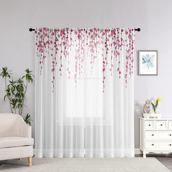 Cortinas Con Estampado De Flores De Cerezo Rosa Estilo Princesa Digital HD De 2 Piezas, DecoracióN Del Hogar, Sala De Estar, Dormitorio, Roddi W52H63Inchw132H160Cm-image