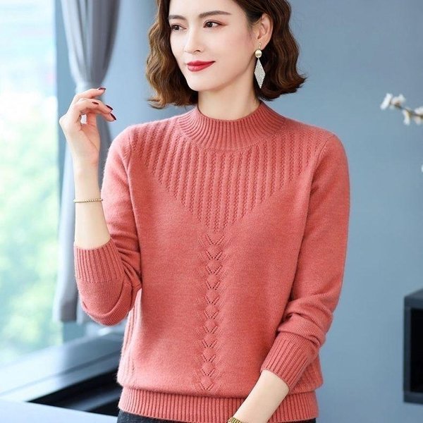 Sweter Damski Jesień/Zima LuźNy Gruby Dzianinowy Dół Koszula Pół Wysoki KołNierz Uniwersalny Styl Dla Kobiet 2XL RóżOwy-image