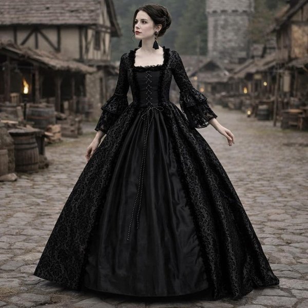 ŚRedniowieczna Gotycka Sukienka Maxi Dla Kobiet Renesansowa Koronkowa Z Kwadratowym Dekoltem I Rozkloszowanymi RęKawami Suknia Cosplay M Czarny-image