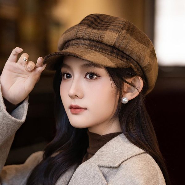 Boina A Cuadros Estilo BritáNico Retro Para Mujer En OtoñO E Invierno Nueva Casual VersáTil Gorra De Pintor Impermeable CáLida Gorra De PerióDico One Size Brown-image
