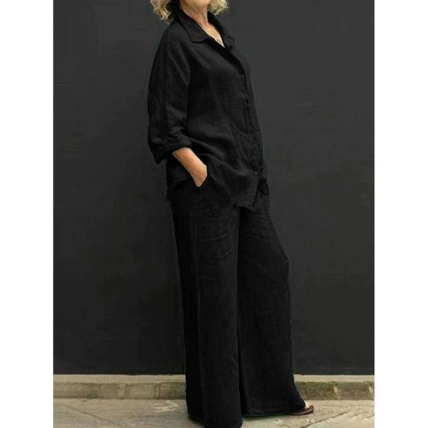 Lniany Zestaw DwuczęśCiowy Z Klapami Jesień Vintage Jednolity Kolor DłUgi RęKaw Koszula Zapinana Na Guziki Bluzka Kobiety Casual LuźNy Prosty Garnitur Spodnie S Black-image