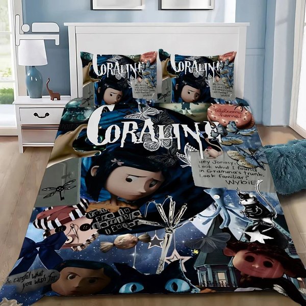 C-Coraline Komplet PośCieli KreskóWkowy Komplet Poszewek Na KołDrę Rozmiar PodwóJny Queen King PełNa Poszewka Na KołDrę Poszewka Na Poduszkę Prezent śWiąTeczny Dla ChłOpcóW DziewcząT 175X220Cm-image