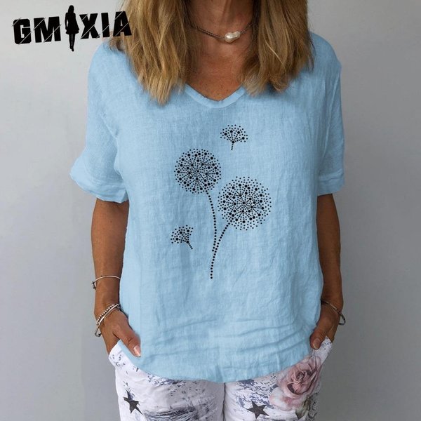 Blusas Y Camisas Casuales De Moda Para Mujer Gmxia De Manga Corta Con Cuello Redondo Xxxl Azul-image