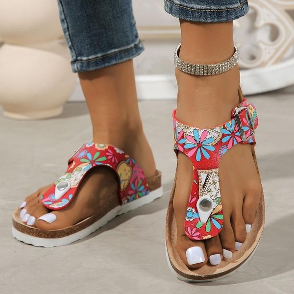 Damskie Buty Klapki Damskie Kapcie Outdoorowe Casualowe Kapcie Damskie Z Nadrukiem OkrąGłY Nosek PłAskie Z Klamrą Plus Size SandałY 38 Czerwony-image