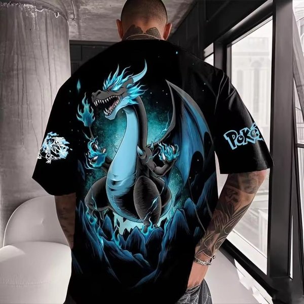 Camiseta De Manga Corta Oversize Unisex Estampado De DragóN Azul Charizard Pokemon Anime CláSico Ropa Urbana Tops Hombre XS Gray-image