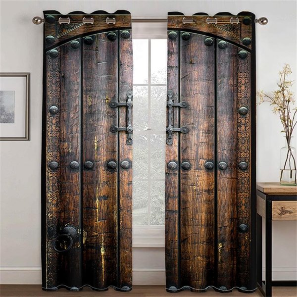 Cortinas Retro 3D Con Efecto De Puerta De Madera Real, 2 Paneles, Adecuadas Para Sala De Estar, Dormitorio, Cocina, BalcóN, Estilo Europeo Y Americano 50W130H(Cm)X2Pcs&Grommet Top-image
