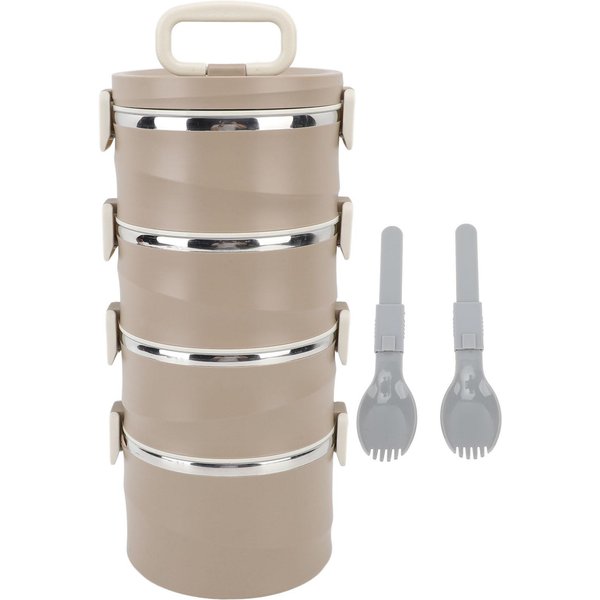 Fiambrera Aislada De 3.3L Y 4 Niveles Contenedor De Alimentos De Acero Inoxidable 304 Fiambrera Bento Redonda Apilable Con 2 MarróN-image