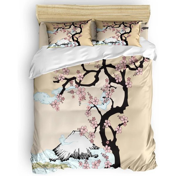 Juego De Funda NóRdica Rosa PáLido, Rama De Sakura Con Flores De Cerezo Primavera Japonesa Tierna, Juego De Cama Decorativo De 3 Piezas, TamañO King EU Single(135X200Cm)-image