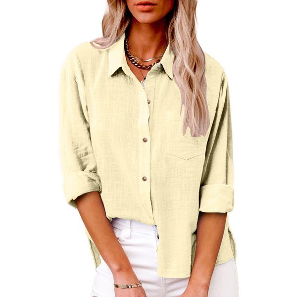 Camisa Holgada De Color SóLido Con Botones De Manga Larga De OtoñO Para Mujer Camisa Informal De Talla Grande Xxxl Beige-image