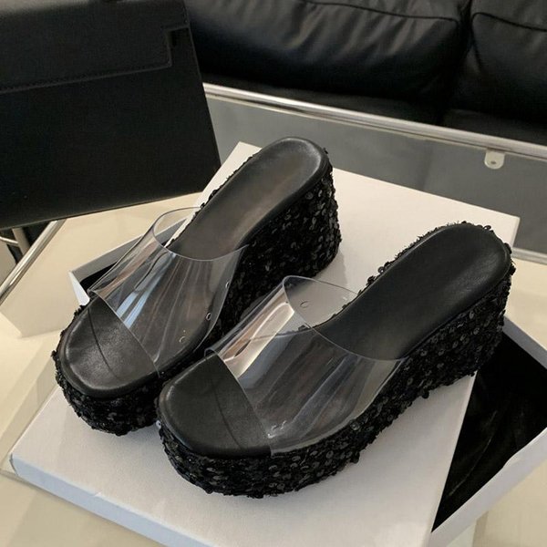 Liyke Nueva Moda CuñAs De Plataforma Con Lentejuelas Chanclas Mujer Punta Abierta PVC Transparente Sandalias Zapatos Femeninos Tacones Altos Zapatos Mujer 40-image