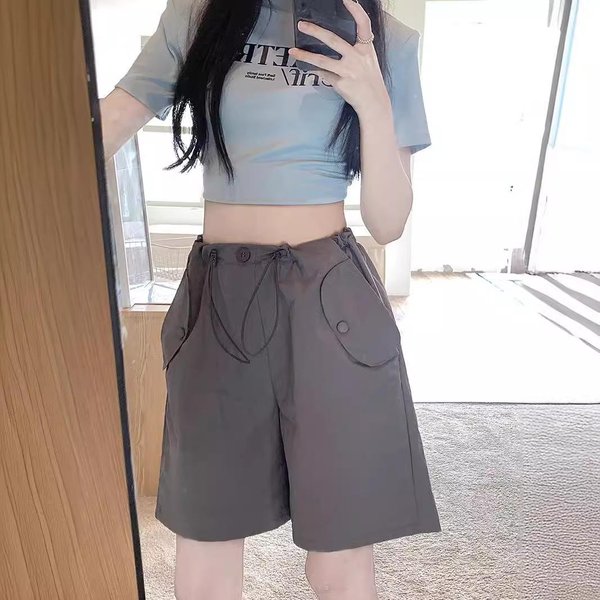 Pantalones Cortos De Trabajo Rosados Para Mujer En Verano Sueltos Finos Americanos De Secado RáPido Pantalones De CháNdal Cintura Alta Pierna Ancha Casual Pantalones De Cinco Puntos 4XL Gris-image