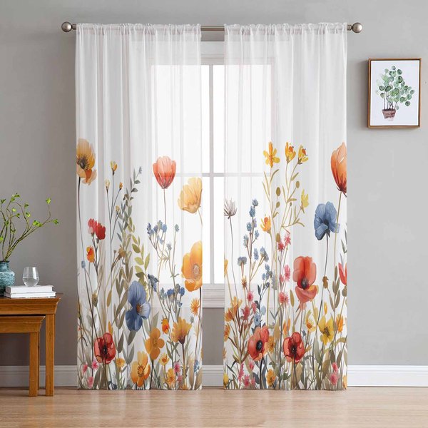 Cortinas Transparentes De Flores, Plantas, Hojas En Acuarela Para DecoracióN De Sala De Estar, Cortinas De Ventana De Cocina, Tul, Voile, Organza W135 X H115Cm X1-image