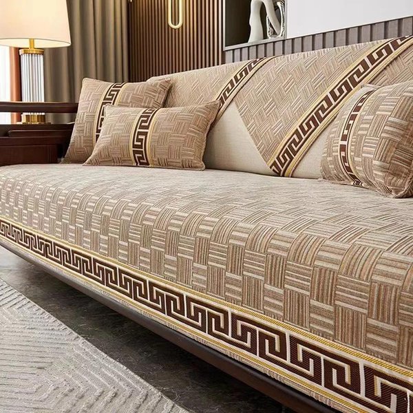 Sofá Seccional De Lujo De Chenilla Suave En Forma De L Toalla Funda De Sofá Universal Para Cuatro Estaciones Fundas De Sofá Antideslizantes Para Sala De Estar 70X70Cm 1Pc Caqui-image