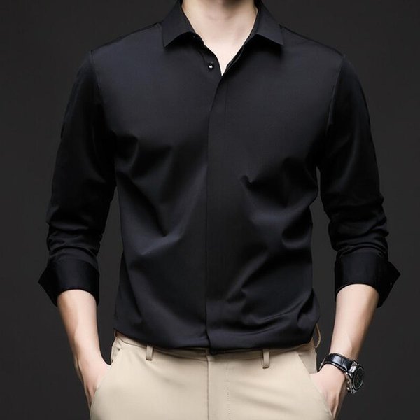 Camisa De Manga Larga Con Tapeta Oscura De Color SóLido Para Hombre Nueva De Primavera Y OtoñO, Camisa Fina Informal De Negocios, Camisa EláStica Xxxxl-image