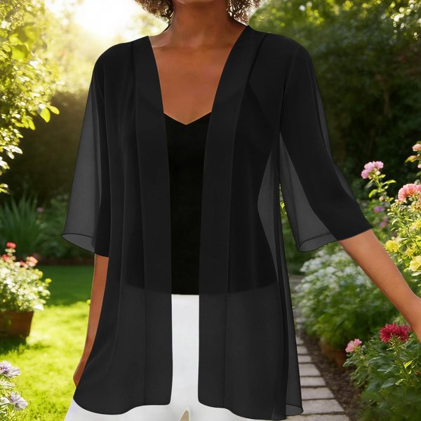 CáRdigan Corto De Gasa Para Mujer Ligero Abierto Por Delante Chal Protector Solar Ropa De Abrigo Informal M Negro-image