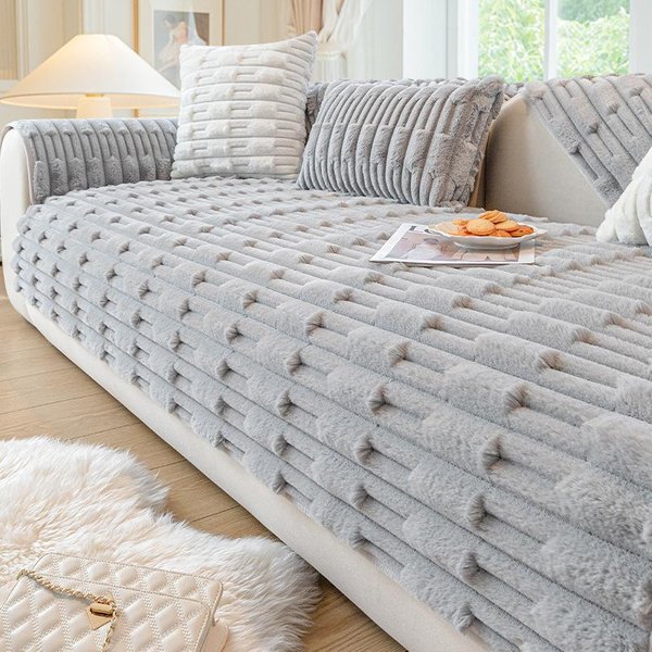 CojíN De Sofá De Terciopelo De Conejo Engrosado CáLido Invierno CojíN De Felpa Sala De Estar Funda Protectora De Sofá De Cuero Senior Toalla Antideslizante 70X70Cm 1Pcs Gris Claro-image