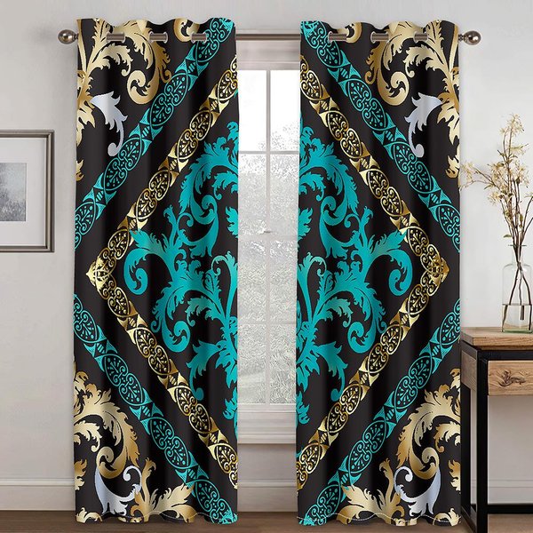 Marca De Lujo Barroca Abstracto Moderno Verde Dorado 2 Paneles Cortinas Finas Para Sala De Estar Dormitorio Cortina Decorativa Para Ventana 100W130H(Cm)40X51In&Grommet Top Blue-image