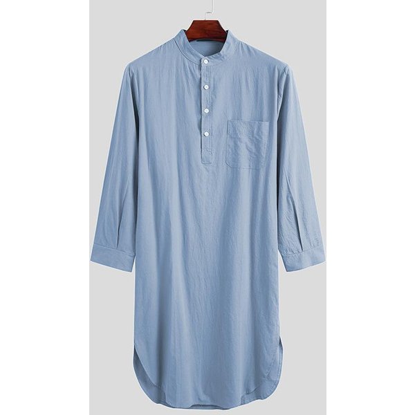 2026 Bata De Hombre Camisa De Hombre AlgodóN Botones Bata De Dormir Color SóLido Cuello Alto Manga Larga Pijama Moda CóModa Ropa De Casa Bata Holgada L Azul-image