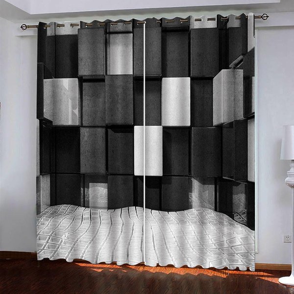 3D Geometryczne Czarno-BiałE Bloki Kreatywne ZasłOny 2 Panele Pasują Do Salonu Sypialni Kuchni Balkonu Dekoracji Okna 50W130H(Cm)X2Pcs&Hook Gray-image